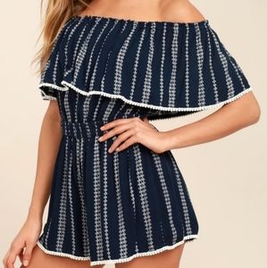 Lulu's Navy Blue Print Off-Shoulder Romper